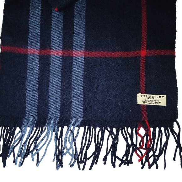 Vintage Burberry Navy Blue Red Light Blue Plaid Fall Winter Luxury Outdoor Scarf - Picture 3 of 4